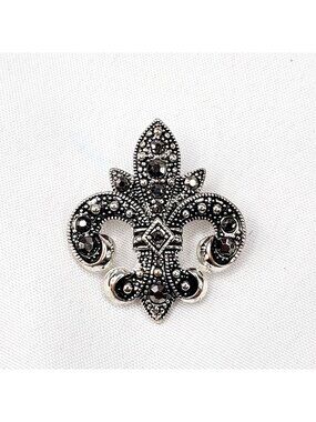 Fleur-De-Lis Silver Tone Heraldic Brooch With‎ Marcasite Rhinestones